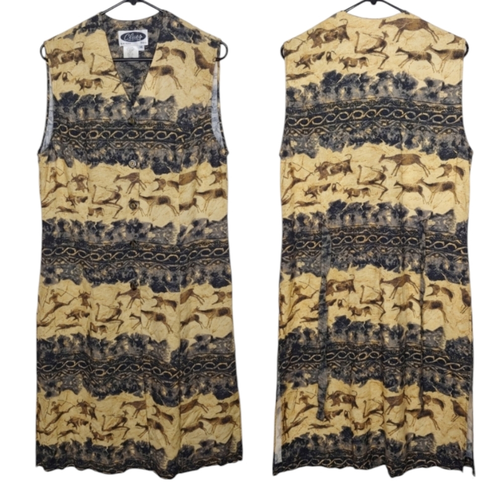 Clues Collections Vintage Sleeveless Button Down Dress w/ Cave Drawings Size 14